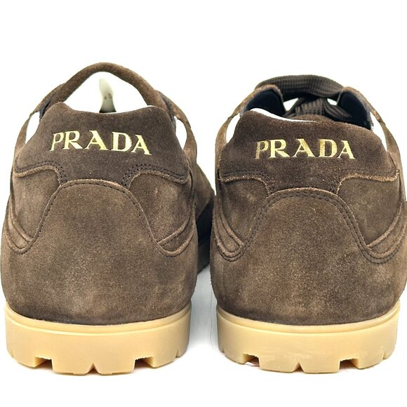 PRADA Mens Trail Triangle Logo Suede Lace Up Low Top Sneakers Shoes Moro - Picture 12 of 15